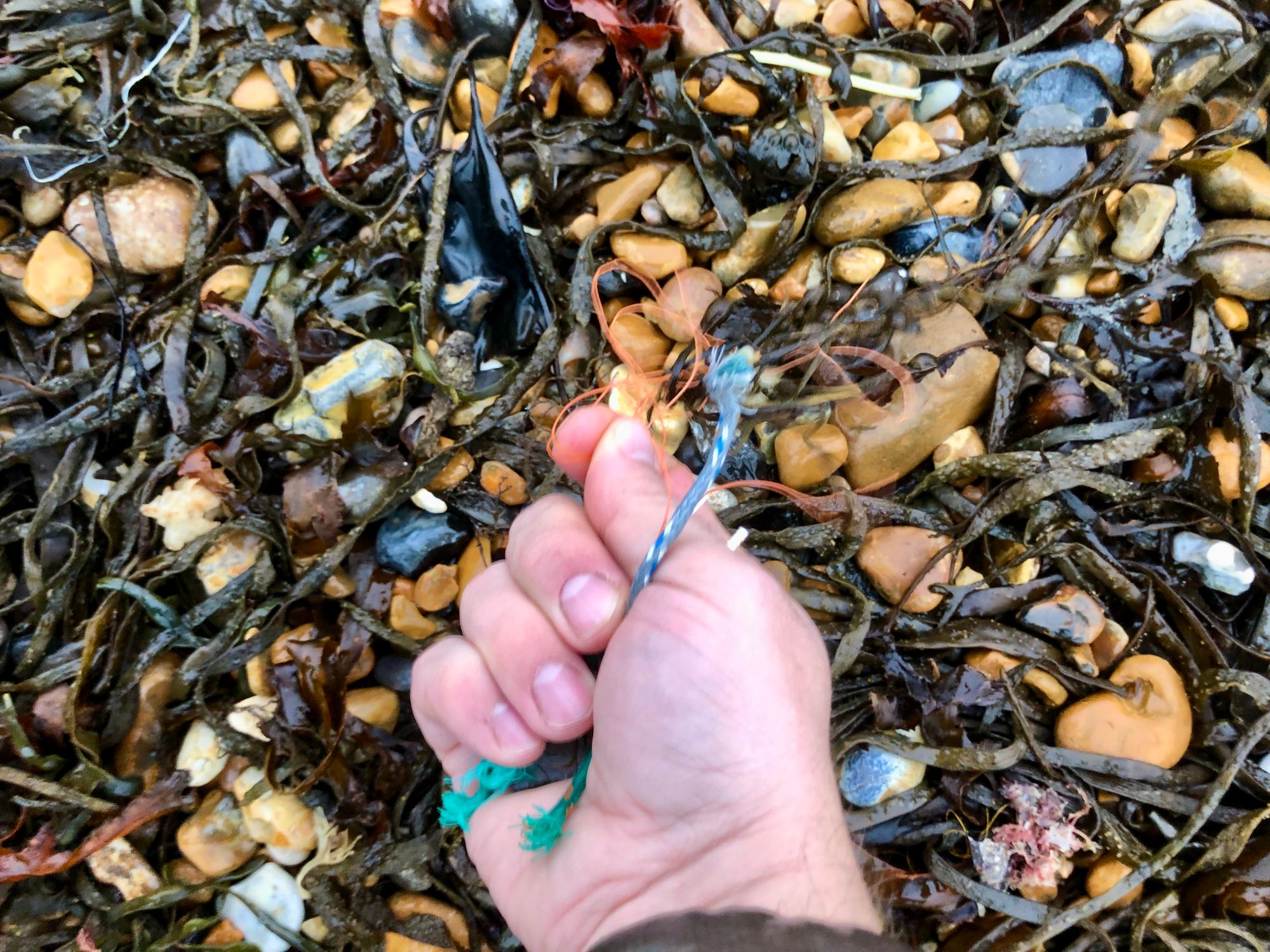 Picking plastic rope off the beach