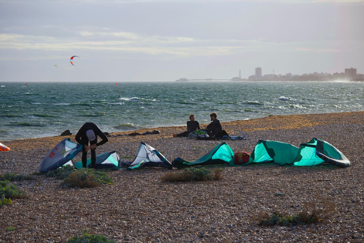 Kite surfers enjoying Shoreham Beach. 