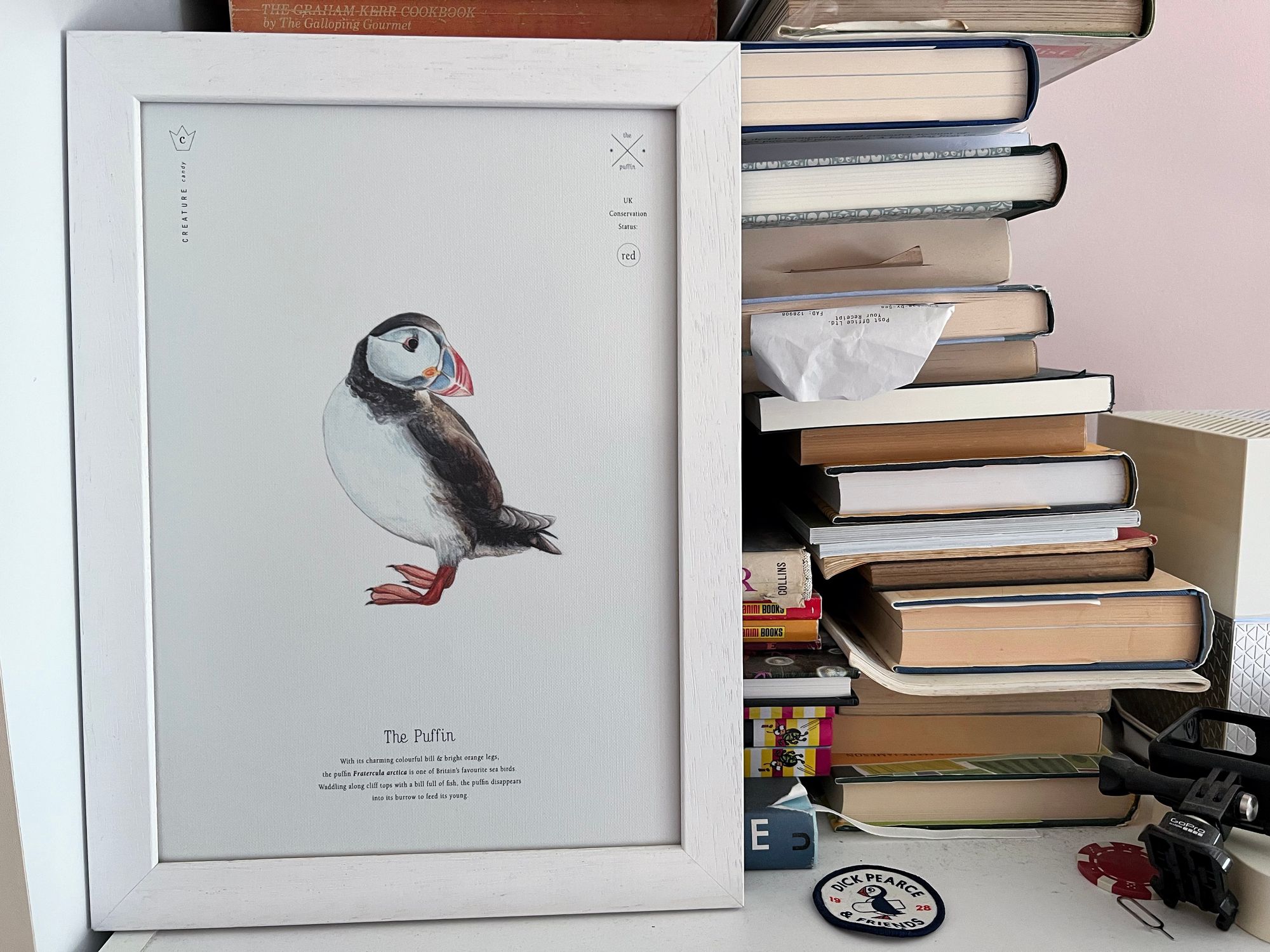 A puffin print from Creature Candy, on a messy bookcase