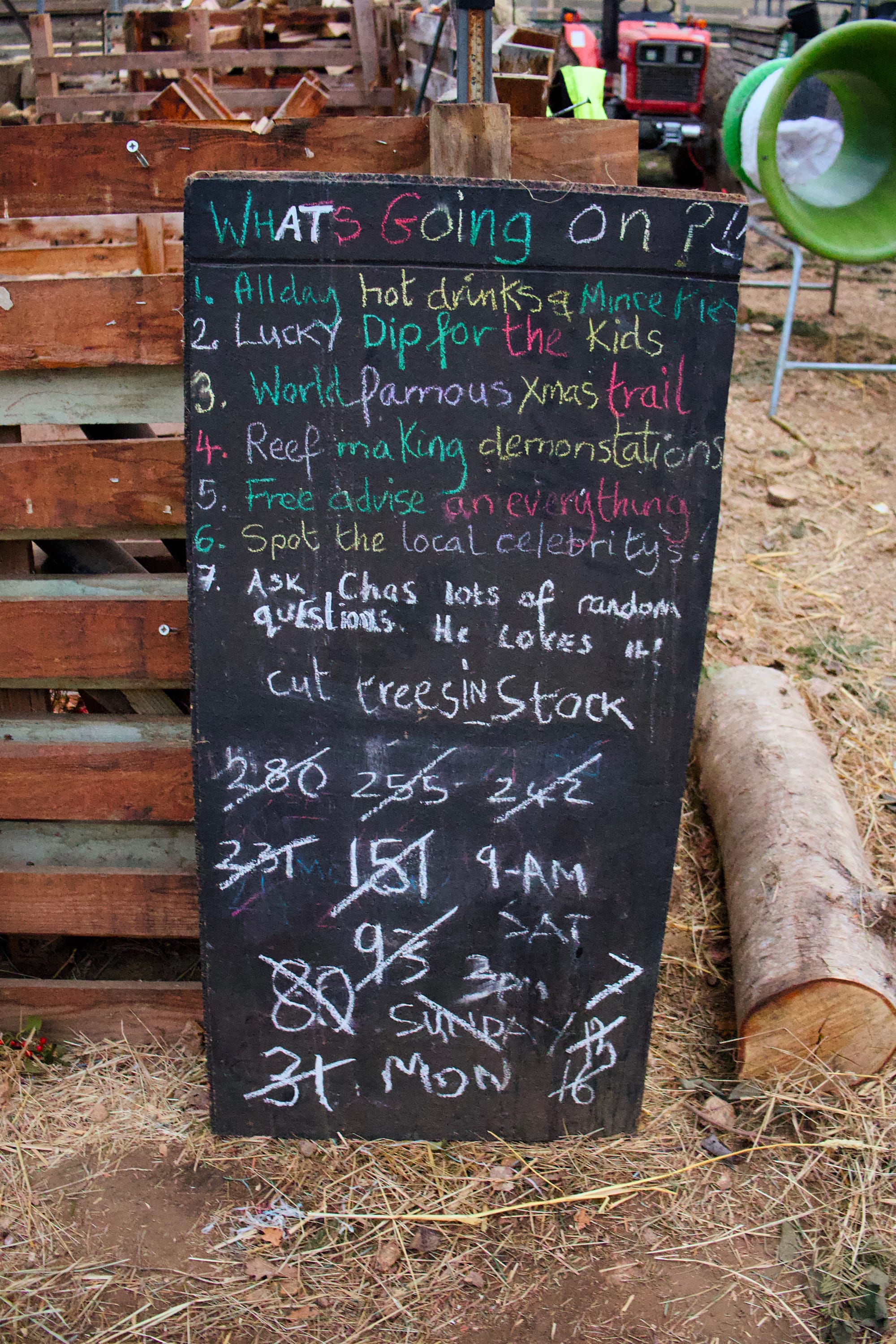 A chalkboard counting down the number of cut trees available. 